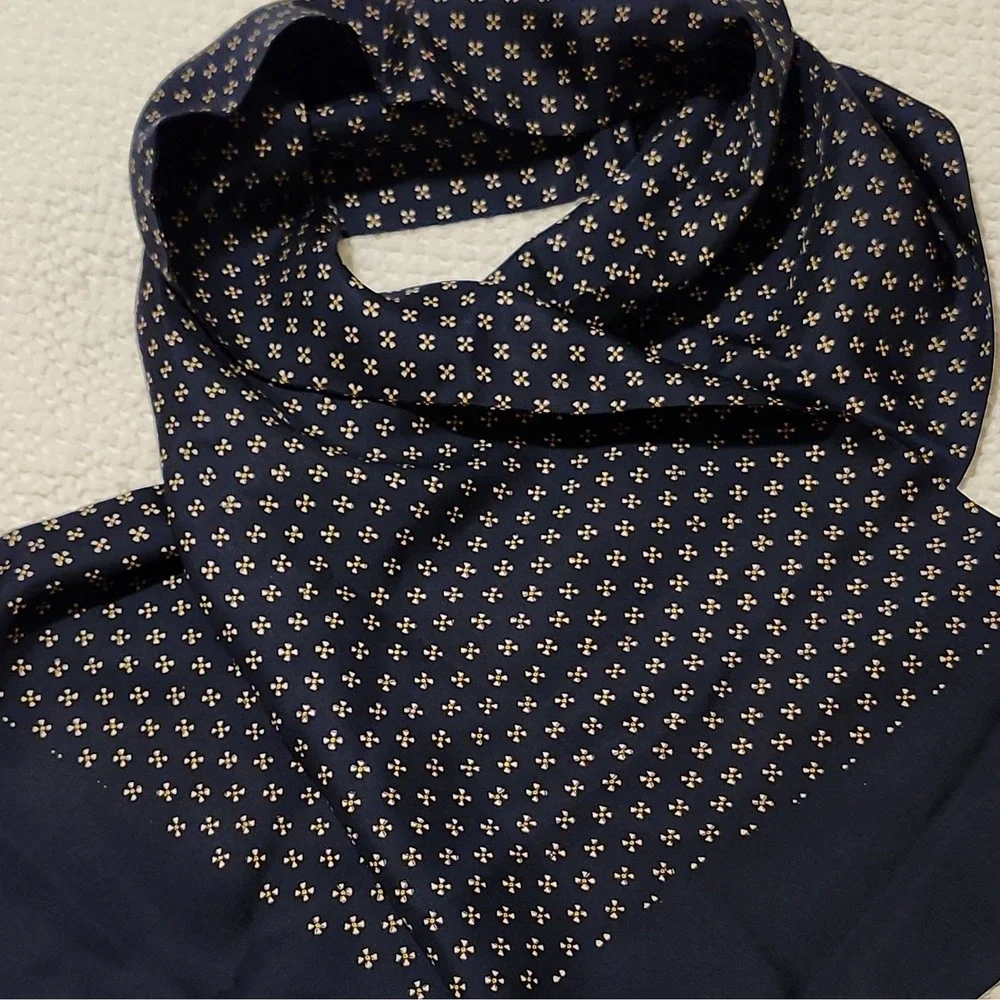 Men's Vintage Brooks Bros Hand Block Printed Silk Scarf Navy Gold 52x12 England